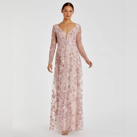 Mac Duggal Floral Applique Long Sleeve Illusion Gown Sz 8 - Picture 1 of 9
